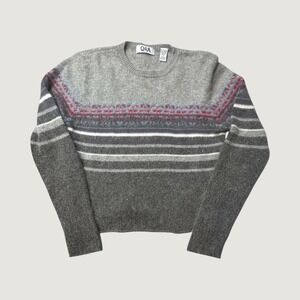 Vintage Q&A Sweater Womens L Grey Fair Isle Striped Lambswool Angora Crew Neck